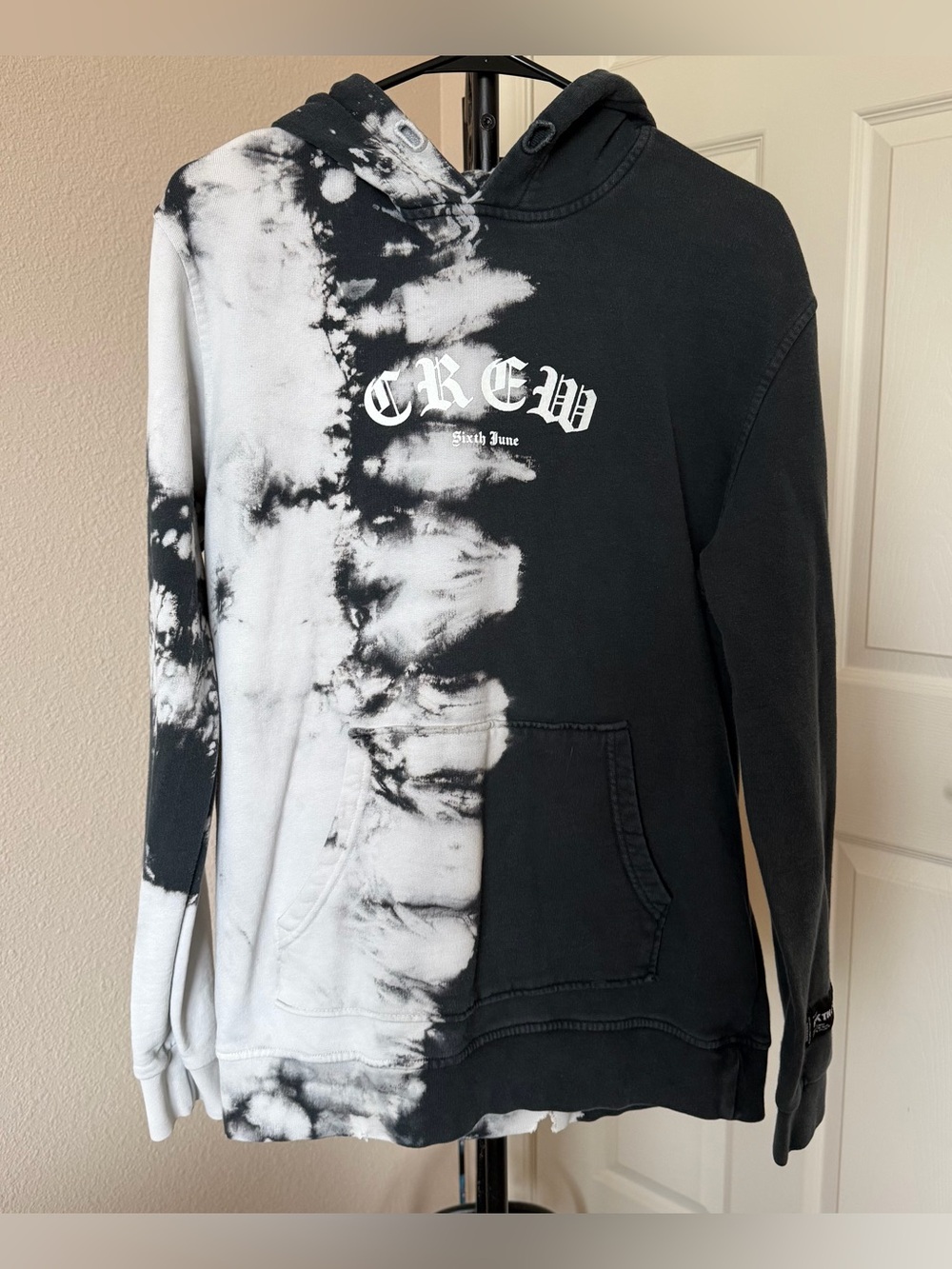 Sixth June unisex L ‘CREW’ b&w tye-dye cotton hoodie streetwear grunge skater